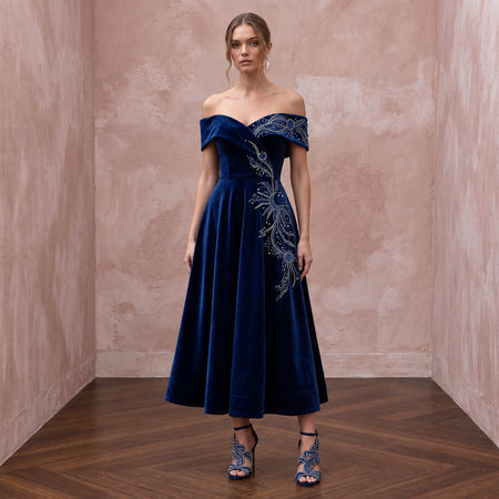 Petite Navy Blue Velvet Off-the-Shoulder Fit-and-Flare Cocktail Dress