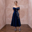 Petite Navy Blue Velvet Off-the-Shoulder Fit-and-Flare Cocktail Dress