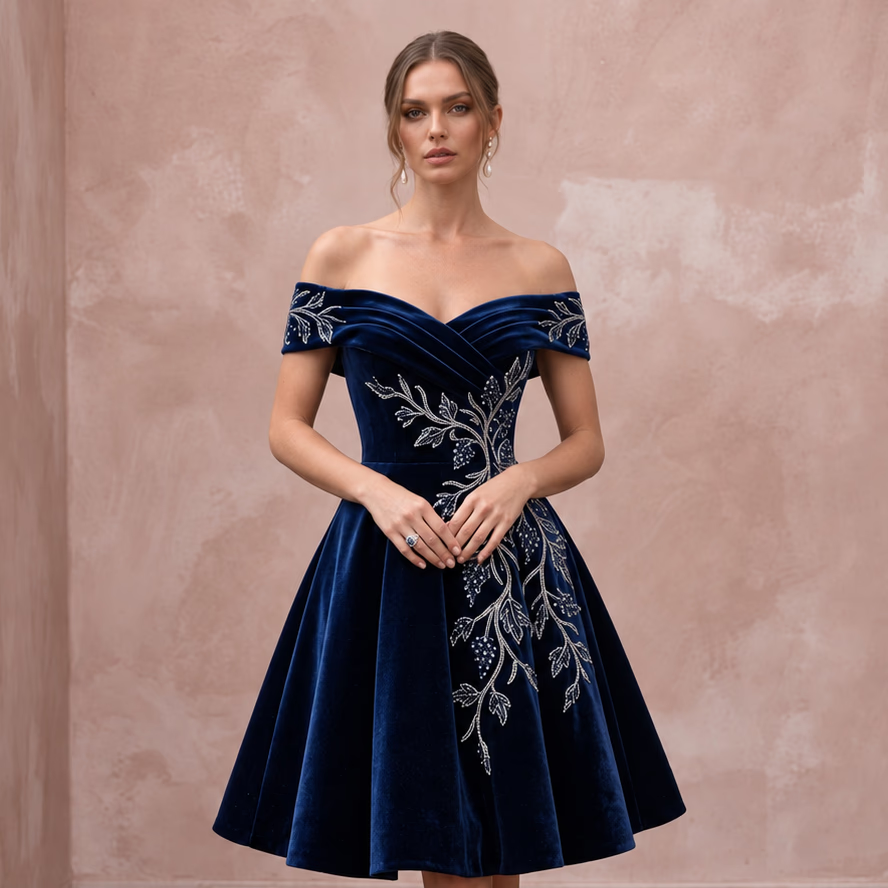 Petite Navy Blue Velvet Off-the-Shoulder Fit-and-Flare Cocktail Dress