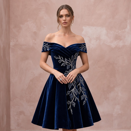 Petite Navy Blue Velvet Off-the-Shoulder Fit-and-Flare Cocktail Dress