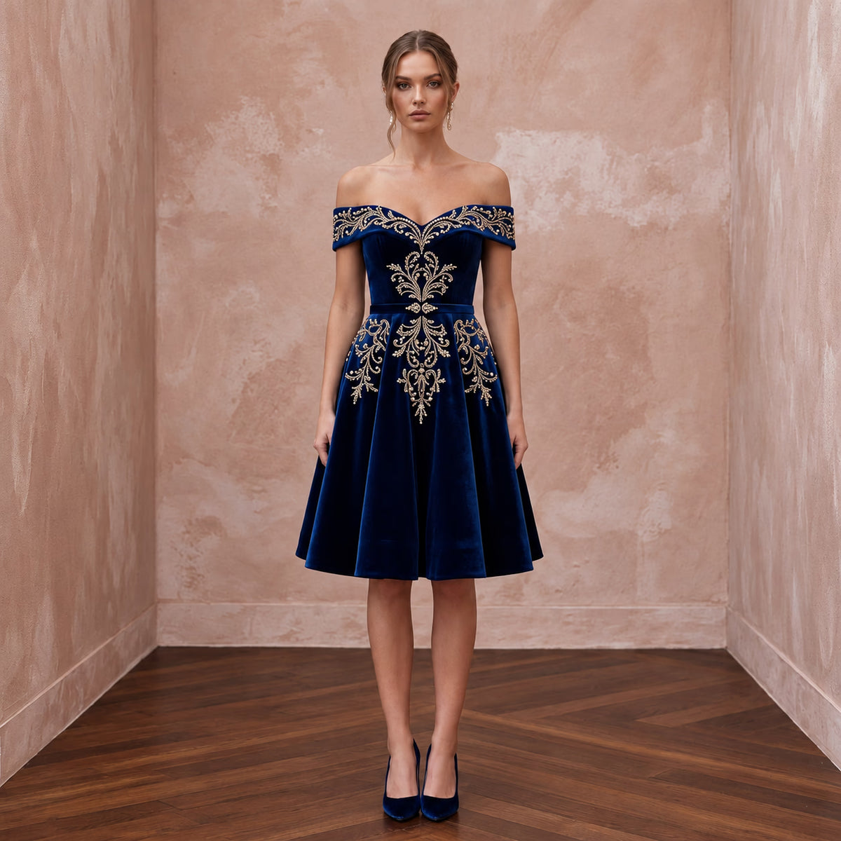 Petite Navy Blue Velvet Off-the-Shoulder Fit-and-Flare Cocktail Dress