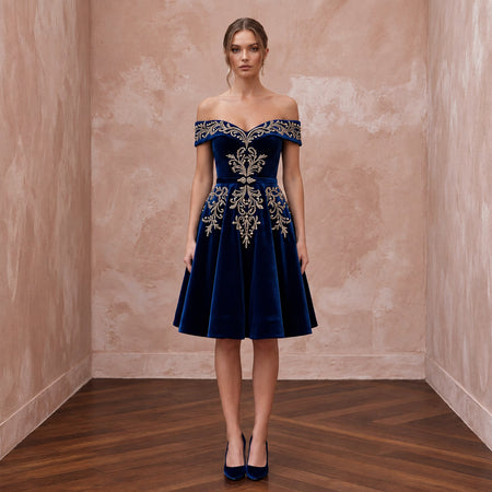 Petite Navy Blue Velvet Off-the-Shoulder Fit-and-Flare Cocktail Dress