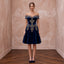 Petite Navy Blue Velvet Off-the-Shoulder Fit-and-Flare Cocktail Dress