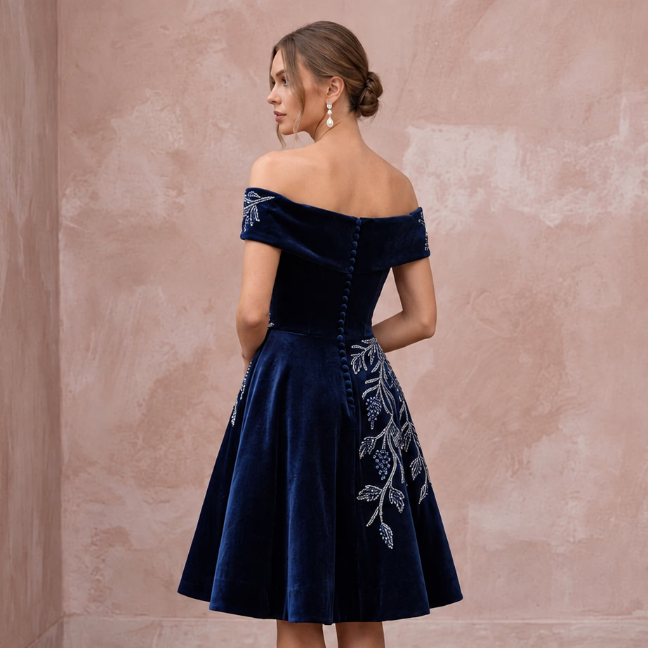 Petite Navy Blue Velvet Off-the-Shoulder Fit-and-Flare Cocktail Dress