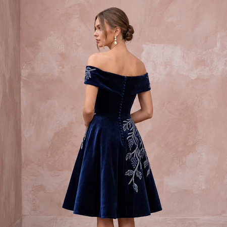 Petite Navy Blue Velvet Off-the-Shoulder Fit-and-Flare Cocktail Dress