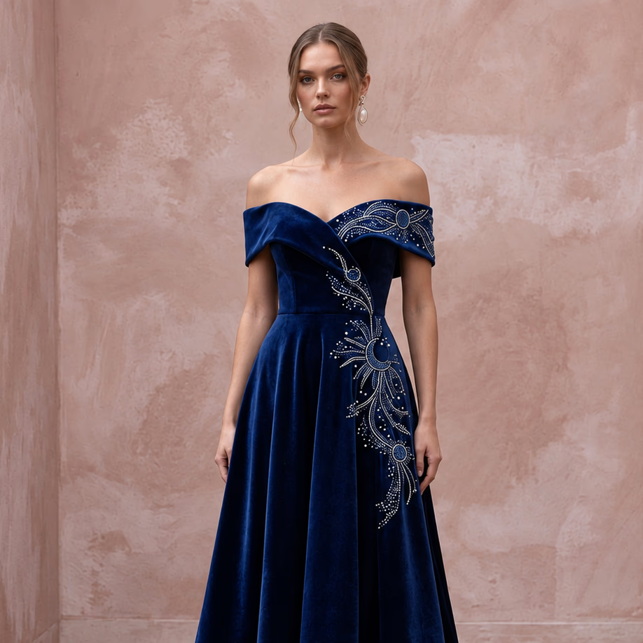 Petite Navy Blue Velvet Off-the-Shoulder Fit-and-Flare Cocktail Dress