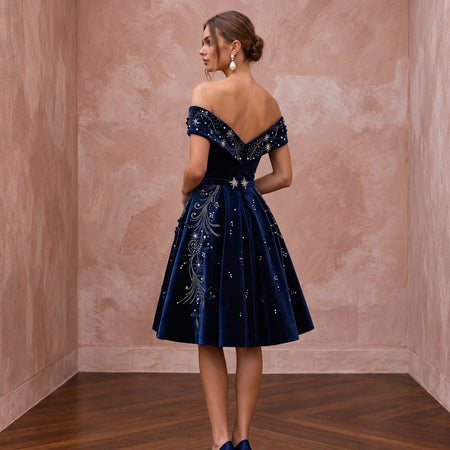 Petite Navy Blue Velvet Off-the-Shoulder Fit-and-Flare Cocktail Dress