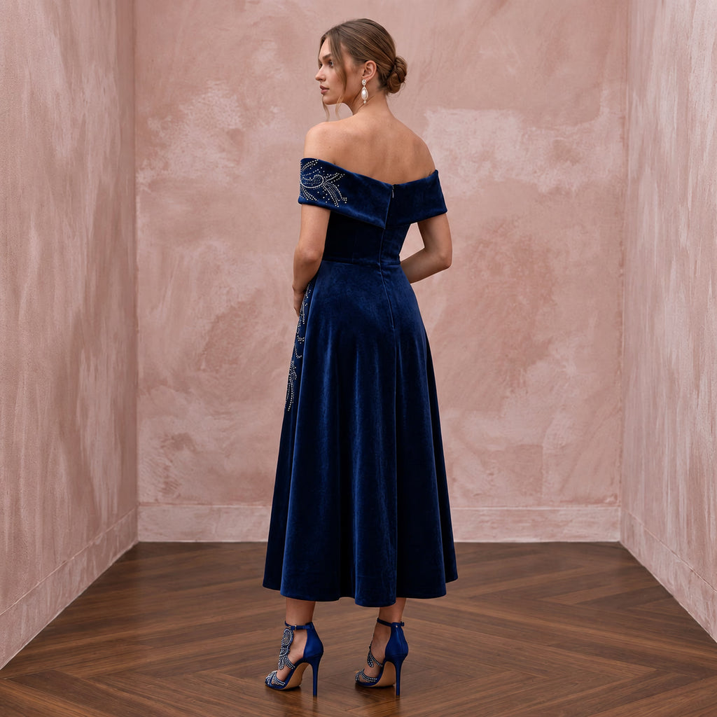 Petite Navy Blue Velvet Off-the-Shoulder Fit-and-Flare Cocktail Dress