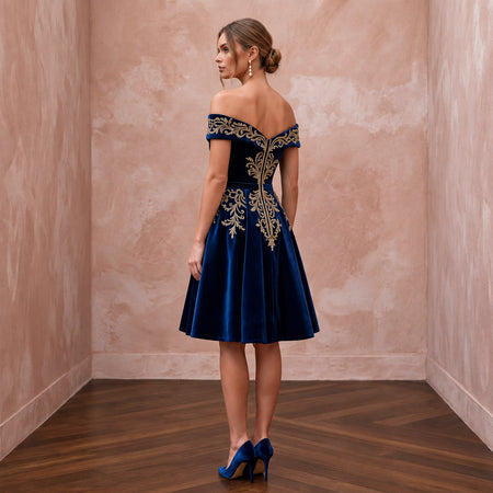 Petite Navy Blue Velvet Off-the-Shoulder Fit-and-Flare Cocktail Dress