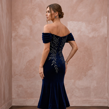 Petite Navy Blue Velvet Off-the-Shoulder Fit-and-Flare Cocktail Dress