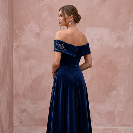 Petite Navy Blue Velvet Off-the-Shoulder Fit-and-Flare Cocktail Dress