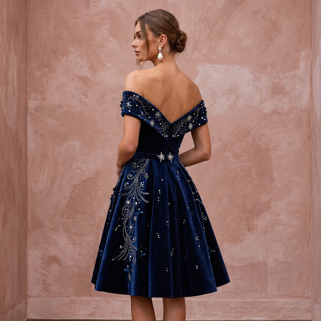 Petite Navy Blue Velvet Off-the-Shoulder Fit-and-Flare Cocktail Dress