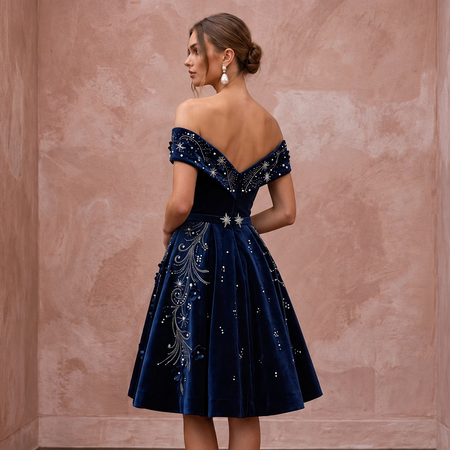 Petite Navy Blue Velvet Off-the-Shoulder Fit-and-Flare Cocktail Dress