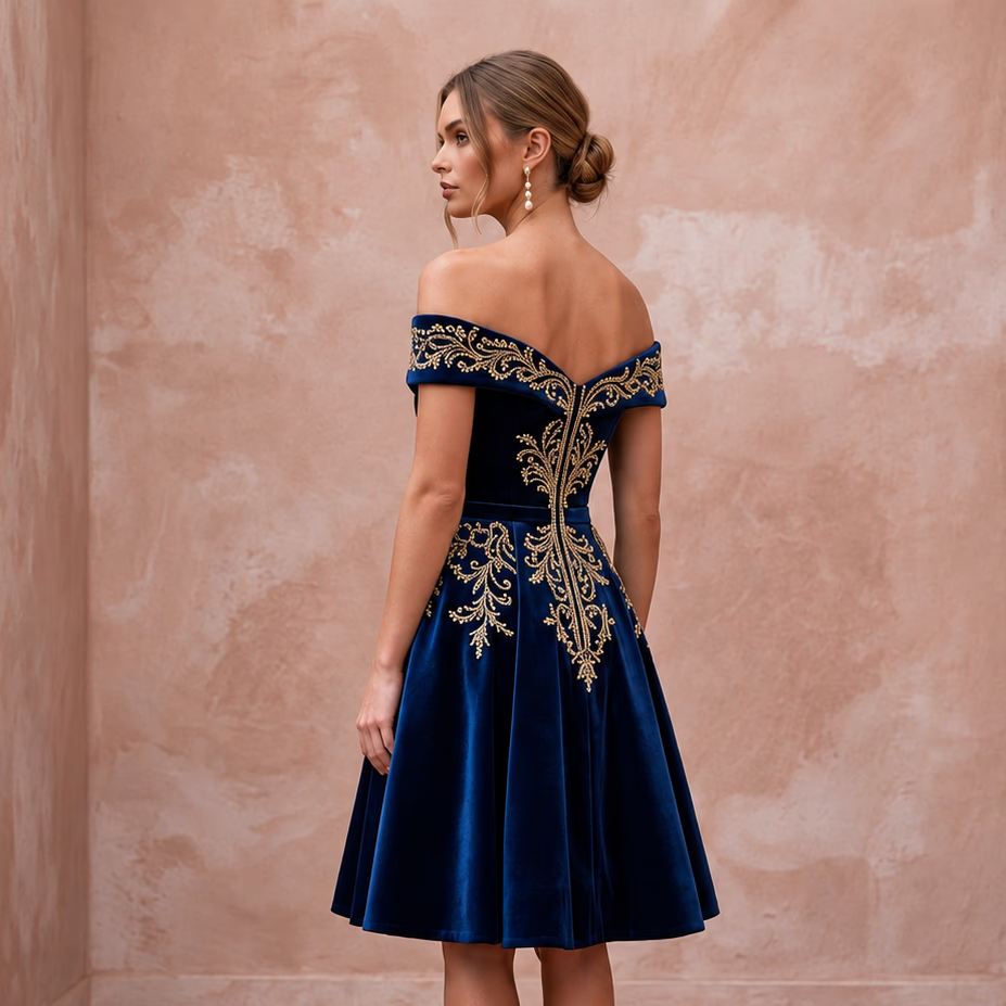 Petite Navy Blue Velvet Off-the-Shoulder Fit-and-Flare Cocktail Dress