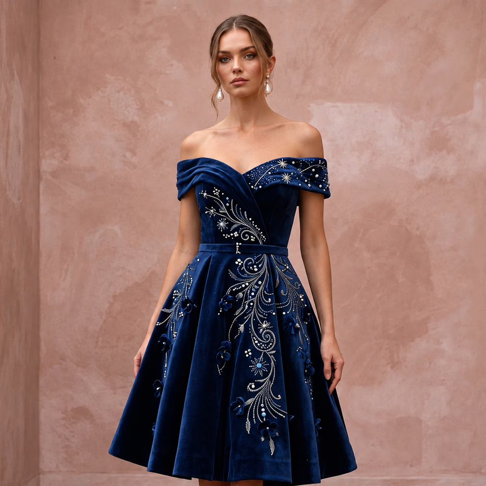 Petite Navy Blue Velvet Off-the-Shoulder Fit-and-Flare Cocktail Dress