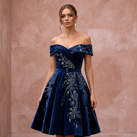 Petite Navy Blue Velvet Off-the-Shoulder Fit-and-Flare Cocktail Dress