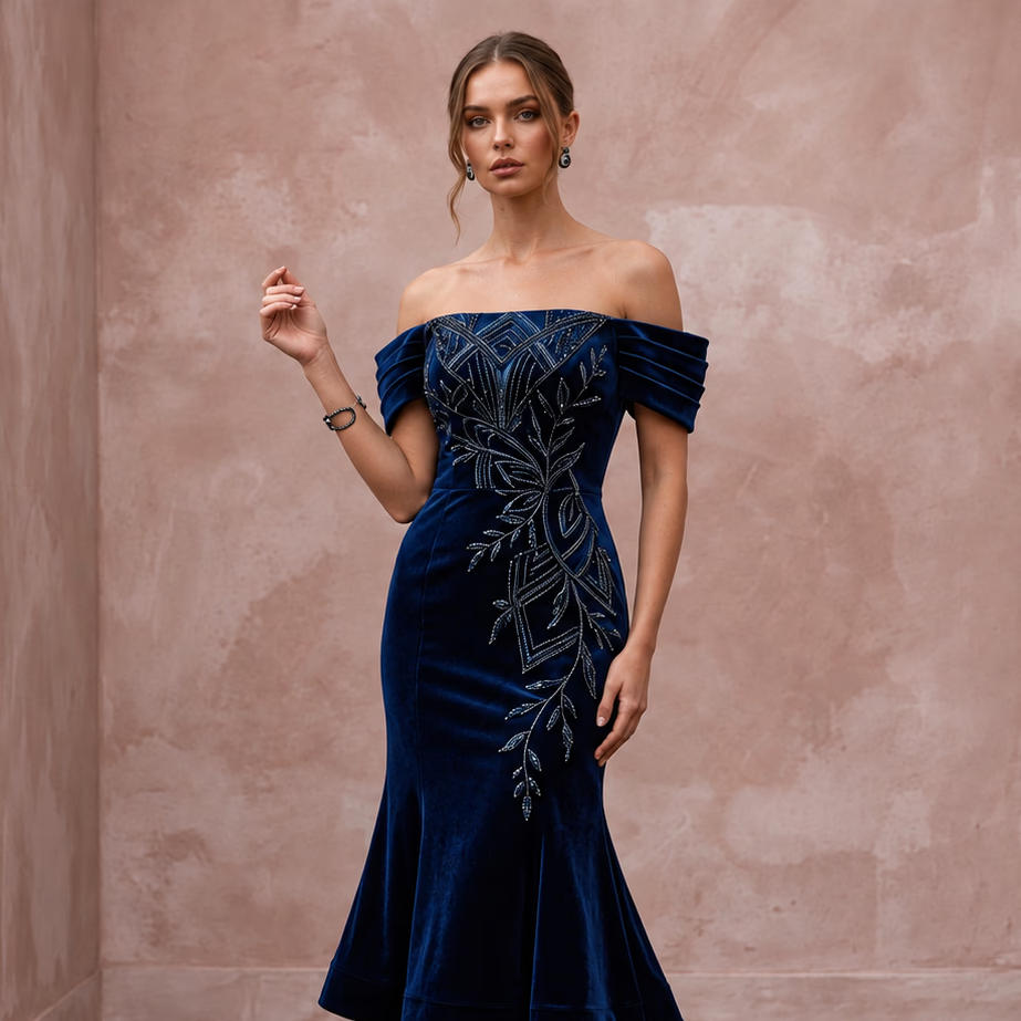 Petite Navy Blue Velvet Off-the-Shoulder Fit-and-Flare Cocktail Dress