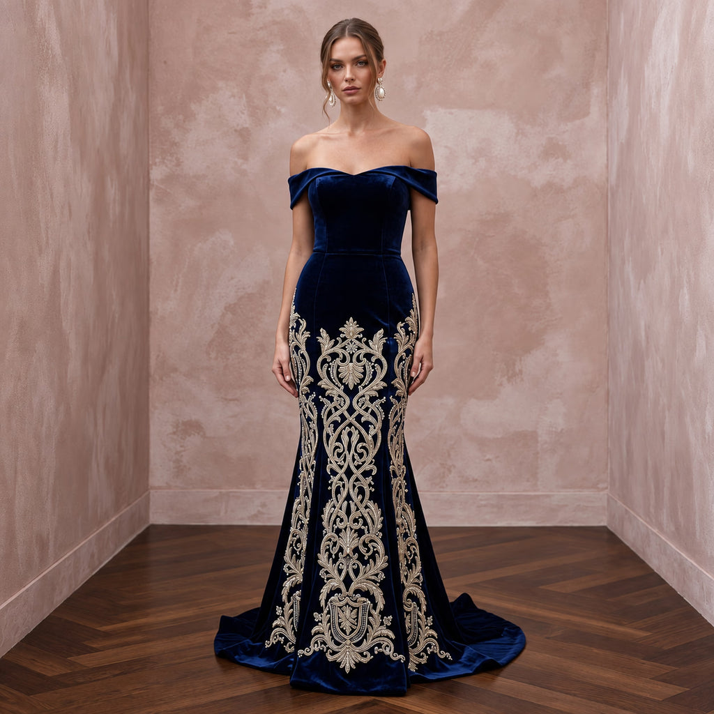Petite Navy Blue Velvet Off - the - Shoulder Fit - and - Flare Dress - Apparel & Accessories > Clothing > Wedding & Bridal Party Dresses > Wedding Dresses - Mignonette Bridal
