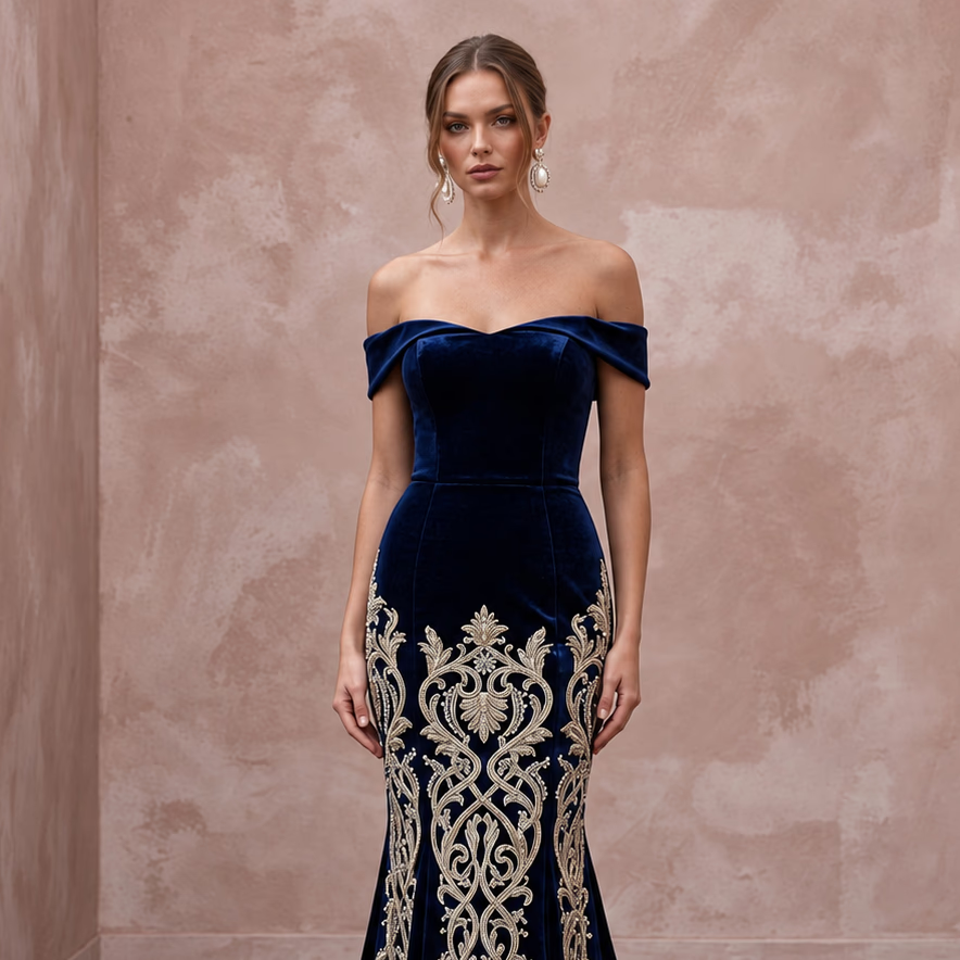 Petite Navy Blue Velvet Off - the - Shoulder Fit - and - Flare Dress - Apparel & Accessories > Clothing > Wedding & Bridal Party Dresses > Wedding Dresses - Mignonette Bridal
