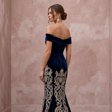 Petite Navy Blue Velvet Off - the - Shoulder Fit - and - Flare Dress - Apparel & Accessories > Clothing > Wedding & Bridal Party Dresses > Wedding Dresses - Mignonette Bridal