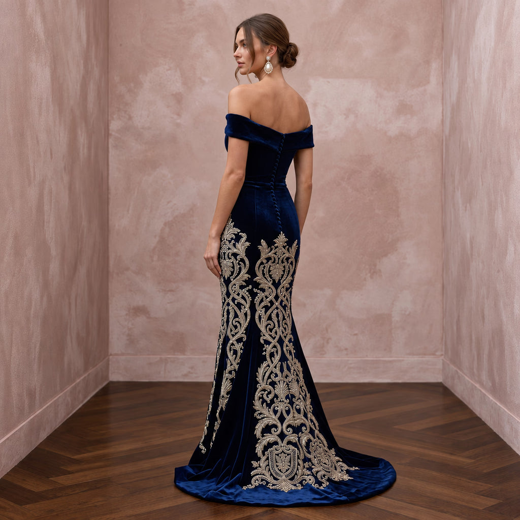 Petite Navy Blue Velvet Off - the - Shoulder Fit - and - Flare Dress - Apparel & Accessories > Clothing > Wedding & Bridal Party Dresses > Wedding Dresses - Mignonette Bridal