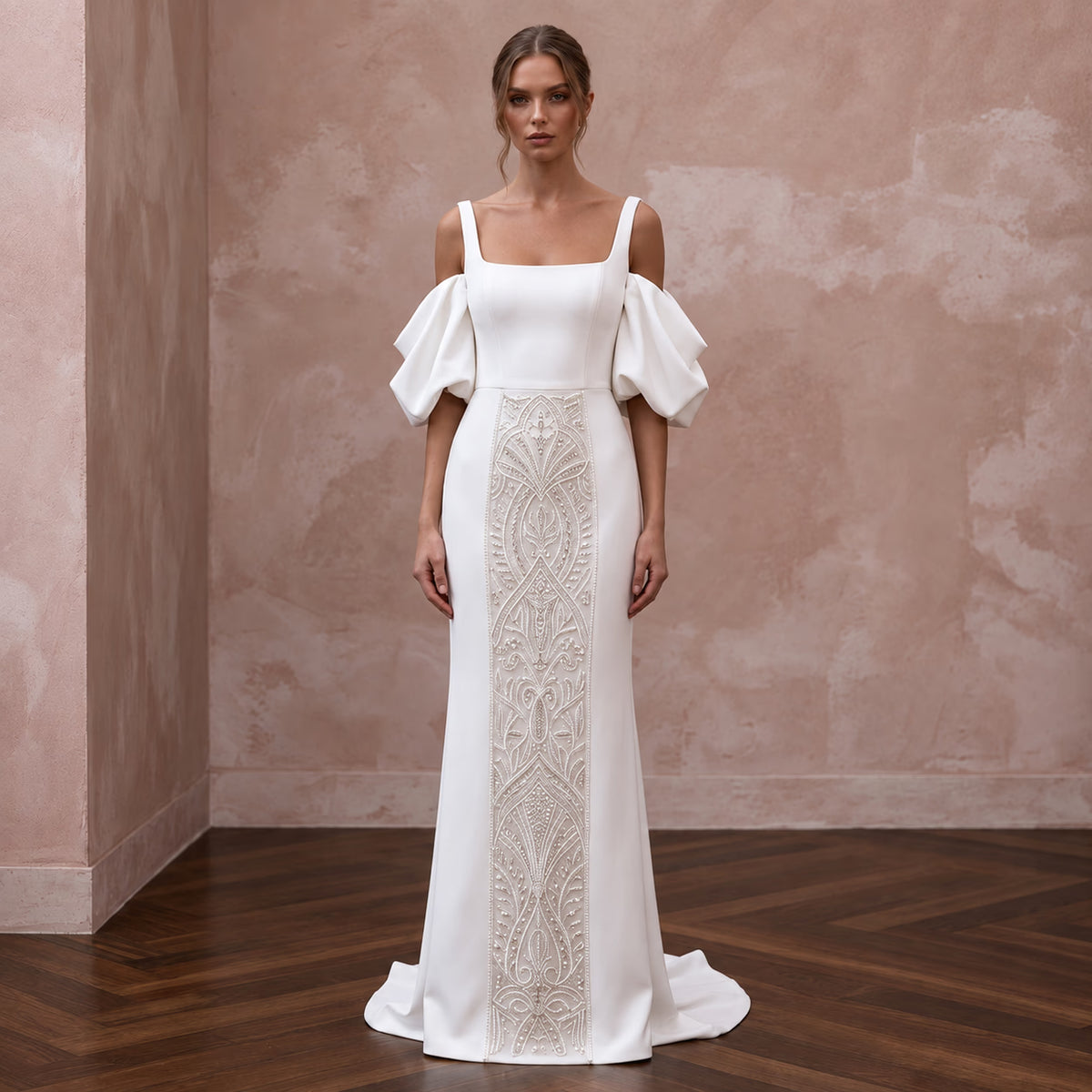 Petite Pure White Crepe Square Neck Sheath Dress with Detachable Sleeves - Apparel & Accessories > Clothing > Wedding & Bridal Party Dresses > Wedding Dresses - Mignonette Bridal Main image