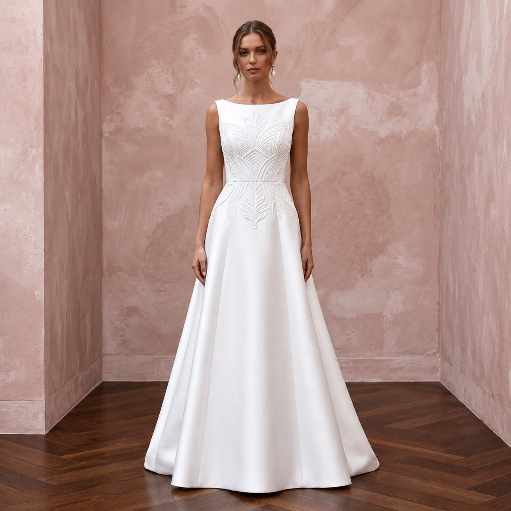 Petite Pure White Mikado Silk Bateau Neckline A-Line Dress