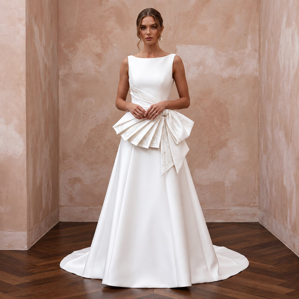Petite Pure White Mikado Silk Bateau Neckline A-Line Dress