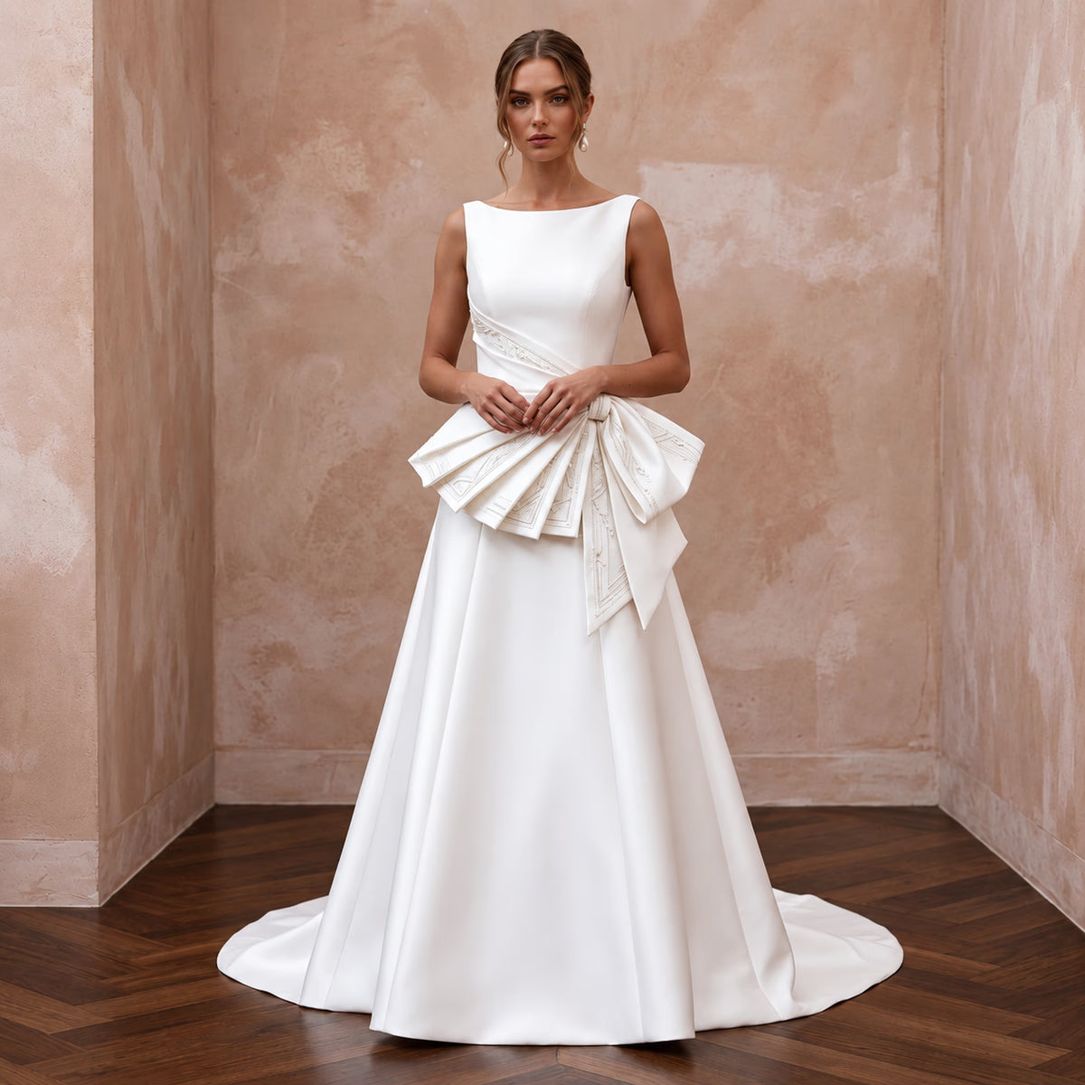 Petite Pure White Mikado Silk Bateau Neckline A-Line Dress