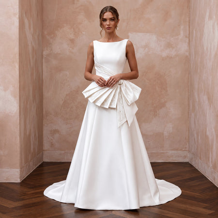 Petite Pure White Mikado Silk Bateau Neckline A-Line Dress