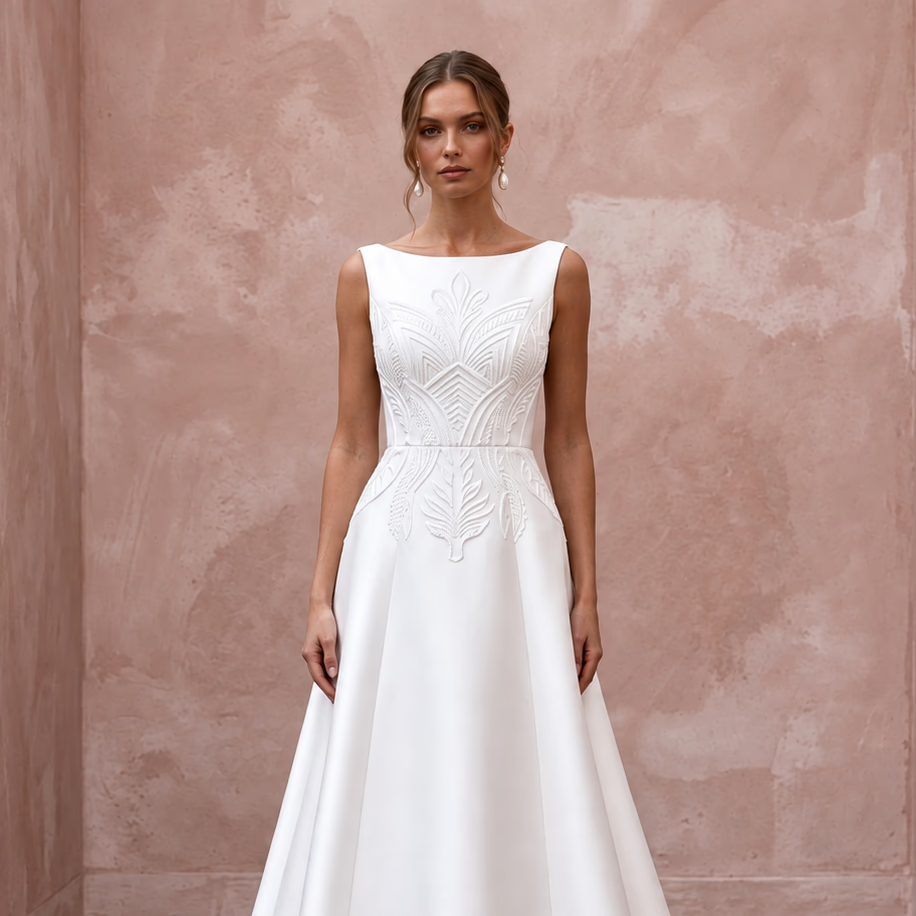 Petite Pure White Mikado Silk Bateau Neckline A-Line Dress