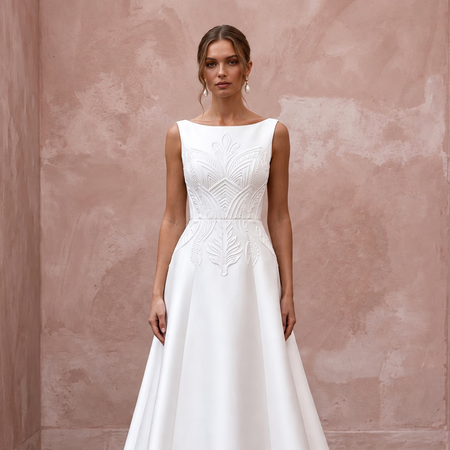 Petite Pure White Mikado Silk Bateau Neckline A-Line Dress