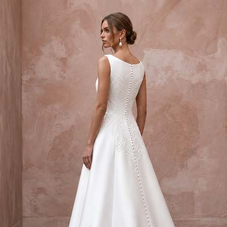 Petite Pure White Mikado Silk Bateau Neckline A-Line Dress