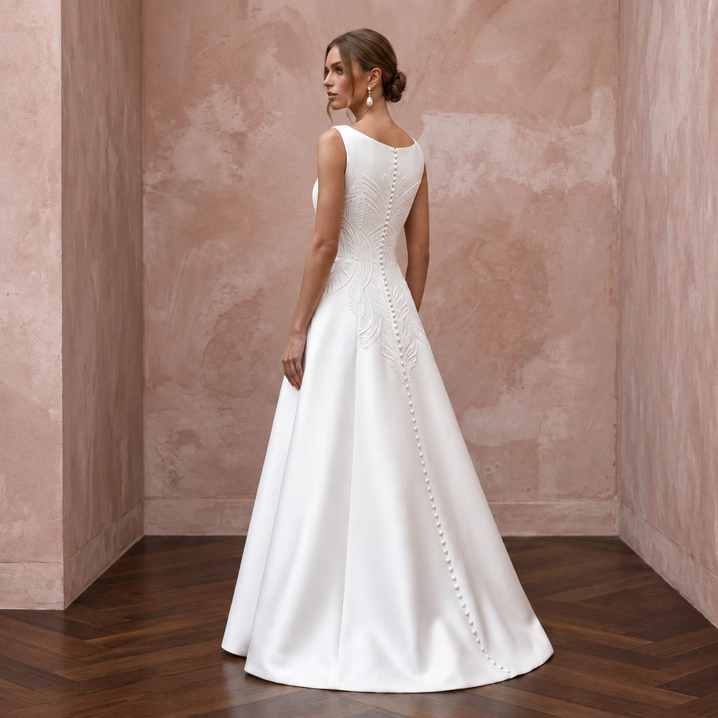 Petite Pure White Mikado Silk Bateau Neckline A-Line Dress
