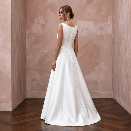 Petite Pure White Mikado Silk Bateau Neckline A-Line Dress