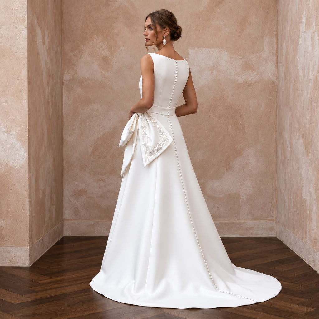 Petite Pure White Mikado Silk Bateau Neckline A-Line Dress