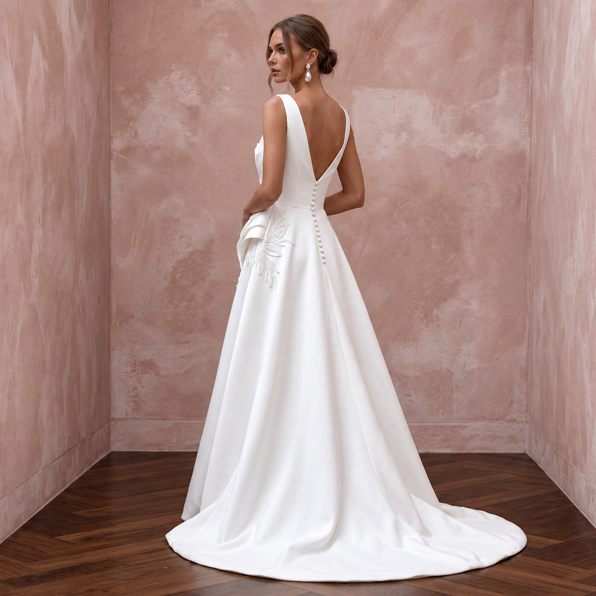 Elegant pure white Mikado silk A-line dress with bateau neckline and intricate back detailing. Perfect for special occasions.