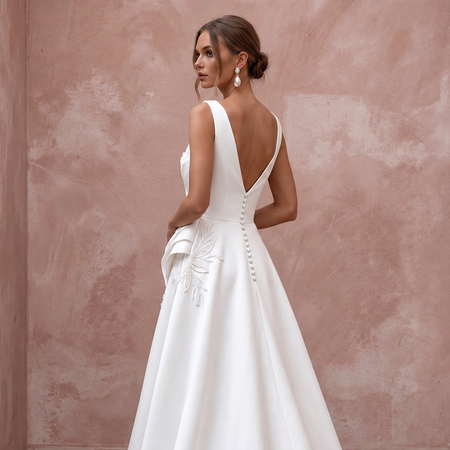 Petite Pure White Mikado Silk A-Line Dress with Bateau Neckline and elegant back button details.