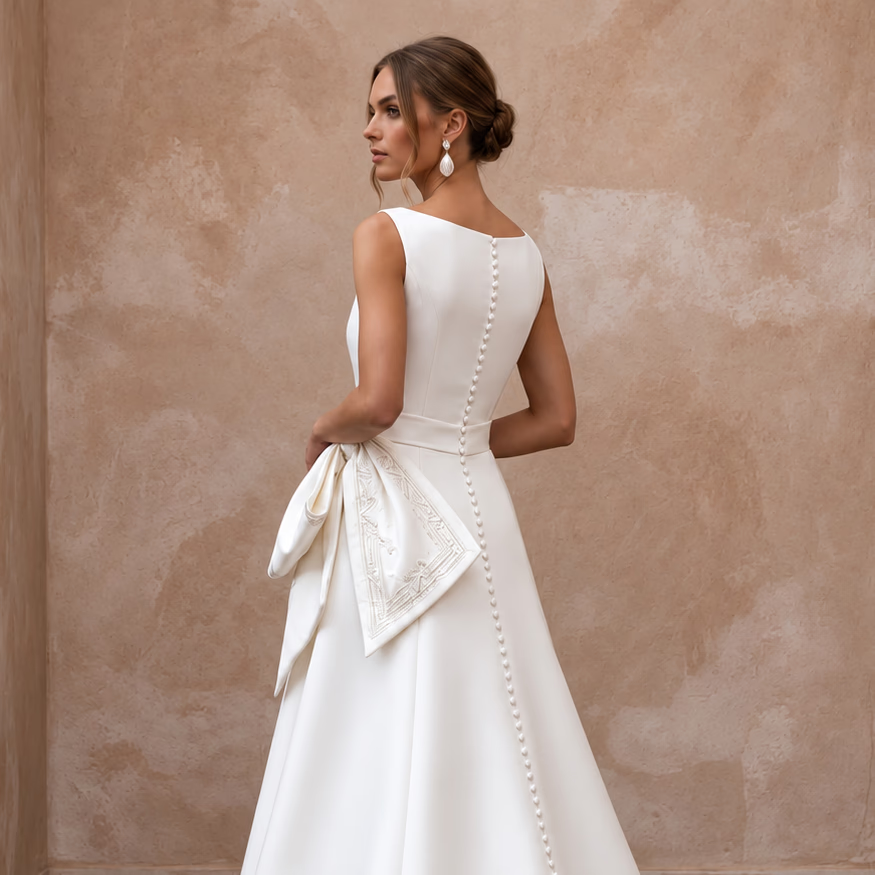Petite Pure White Mikado Silk Bateau Neckline A-Line Dress