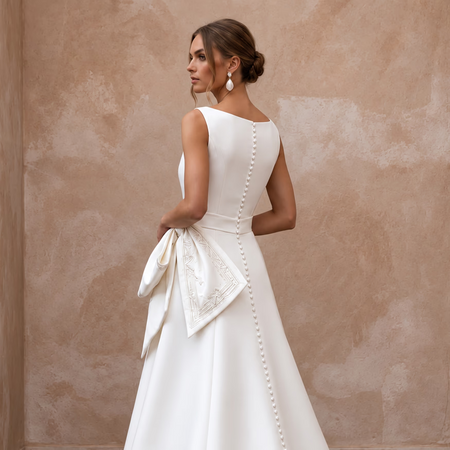 Petite Pure White Mikado Silk Bateau Neckline A-Line Dress