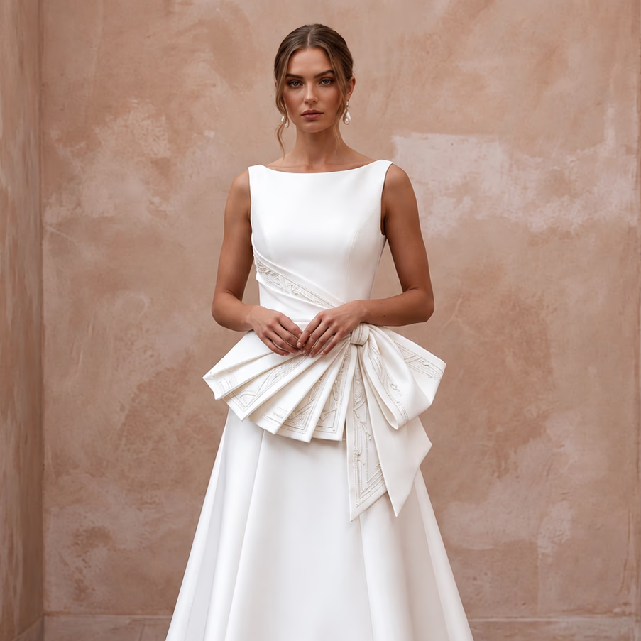 Petite Pure White Mikado Silk Bateau Neckline A-Line Dress
