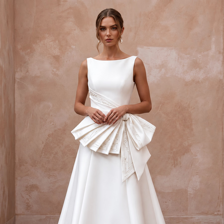 Petite Pure White Mikado Silk Bateau Neckline A-Line Dress