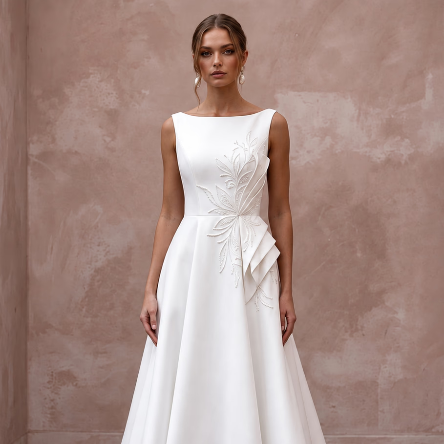Petite pure white Mikado silk A-line dress with bateau neckline and intricate floral detailing.