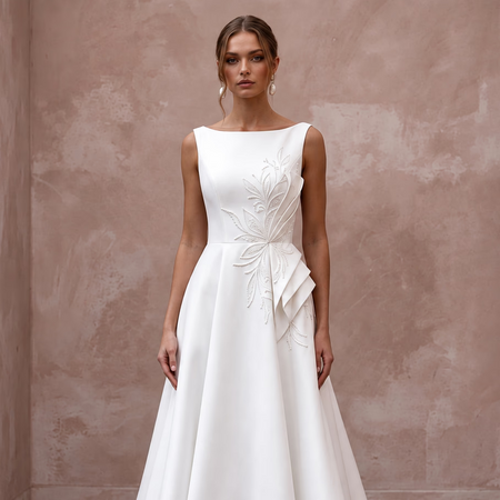 Petite pure white Mikado silk A-line dress with bateau neckline and intricate floral detailing.