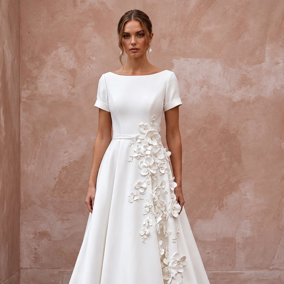 Petite Pure White Mikado Silk Bateau Neckline A-Line Dress