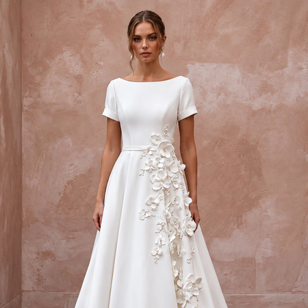 Petite Pure White Mikado Silk Bateau Neckline A-Line Dress