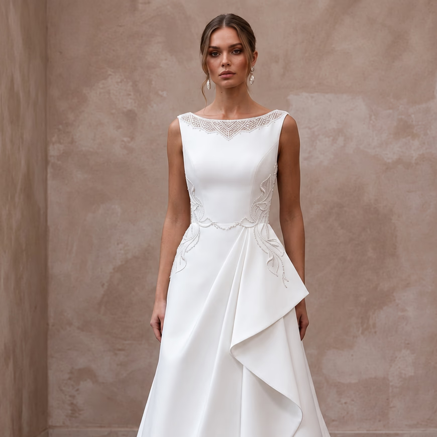 Petite Pure White Mikado Silk Bateau Neckline A - Line Wedding Dress - Apparel & Accessories > Clothing > Wedding & Bridal Party Dresses > Wedding Dresses - Mignonette Bridal