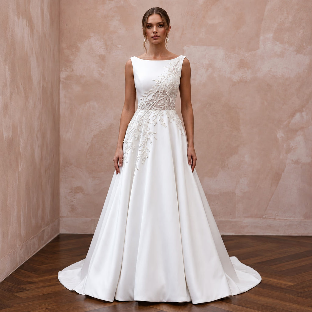 Petite Pure White Mikado Silk Bateau Neckline A-Line Wedding Dress