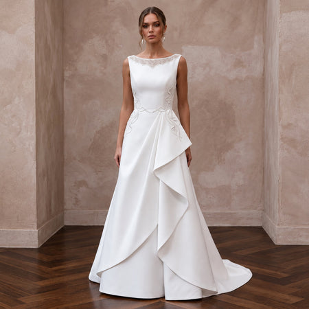 Petite Pure White Mikado Silk Bateau Neckline A - Line Wedding Dress - Apparel & Accessories > Clothing > Wedding & Bridal Party Dresses > Wedding Dresses - Mignonette Bridal