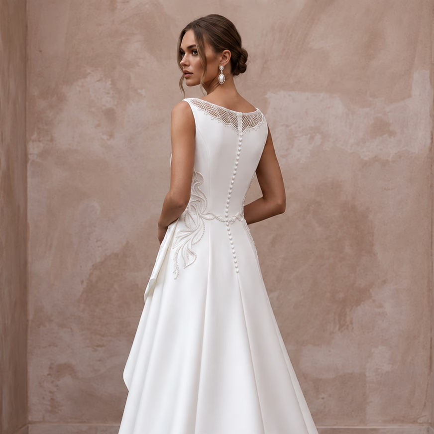 Petite Pure White Mikado Silk Bateau Neckline A - Line Wedding Dress - Apparel & Accessories > Clothing > Wedding & Bridal Party Dresses > Wedding Dresses - Mignonette Bridal